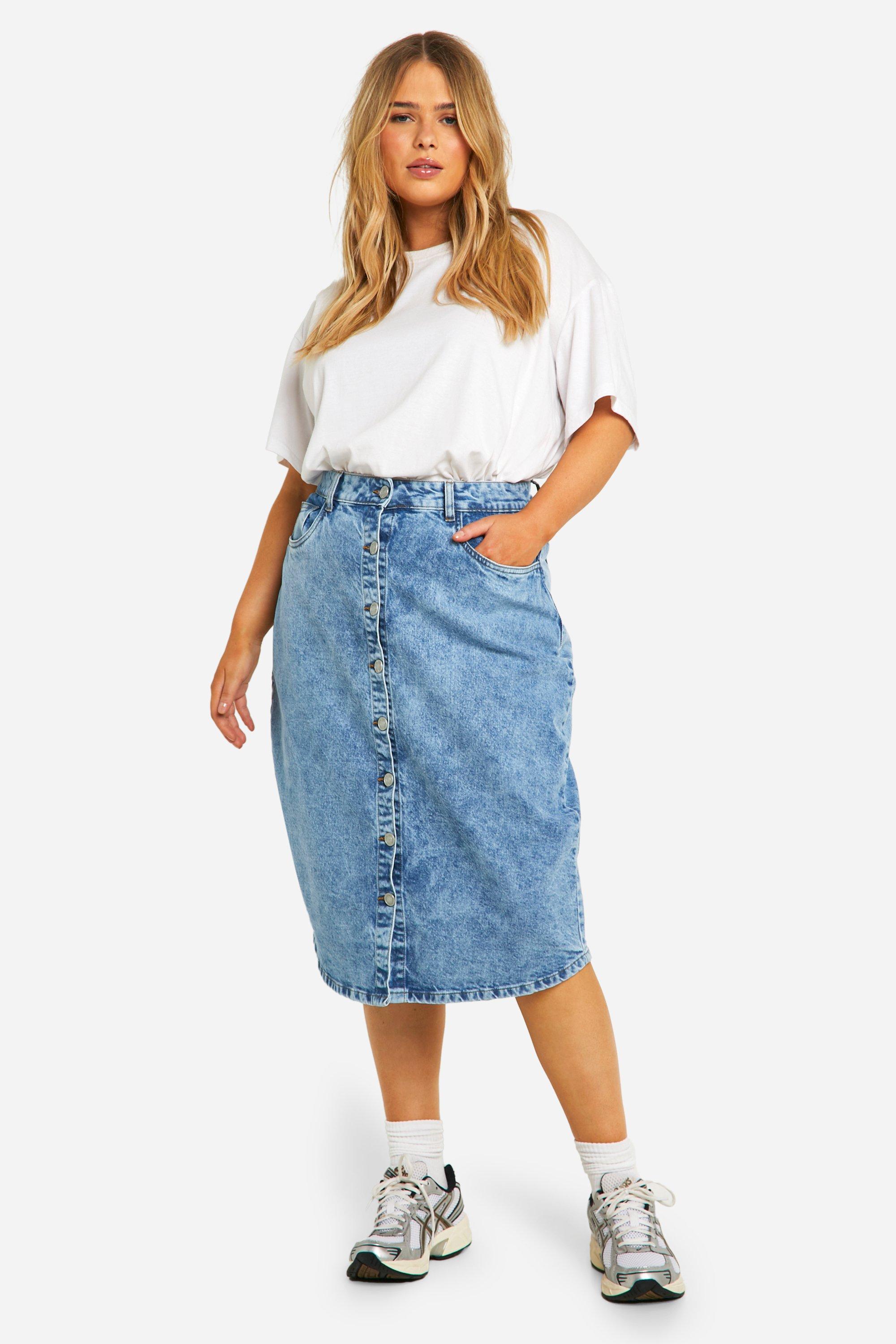 Plus Acid Wash Button Down Denim Midi Skirt boohoo